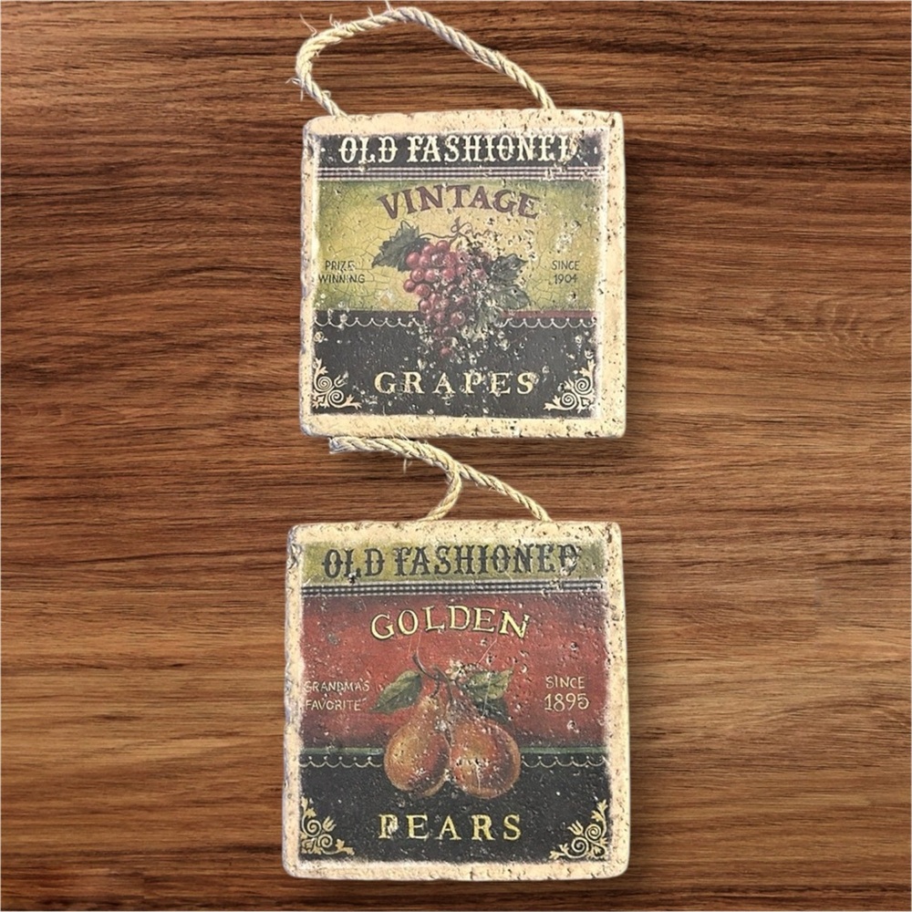 Vintage Stone Fruit Tile Wall Art Set of 2
